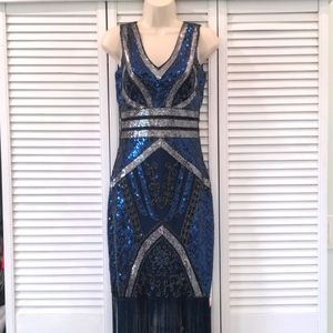 NWT Unique Vintage fringed flapper dress, S, blue/black/silver